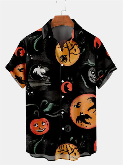 Men's Fashion Halloween Shirt Summer Cute Style Men's Clothing Party Holiday Men Top Pumpkin Head Print Boys' Short Sleeve Shirt Good Vibrations