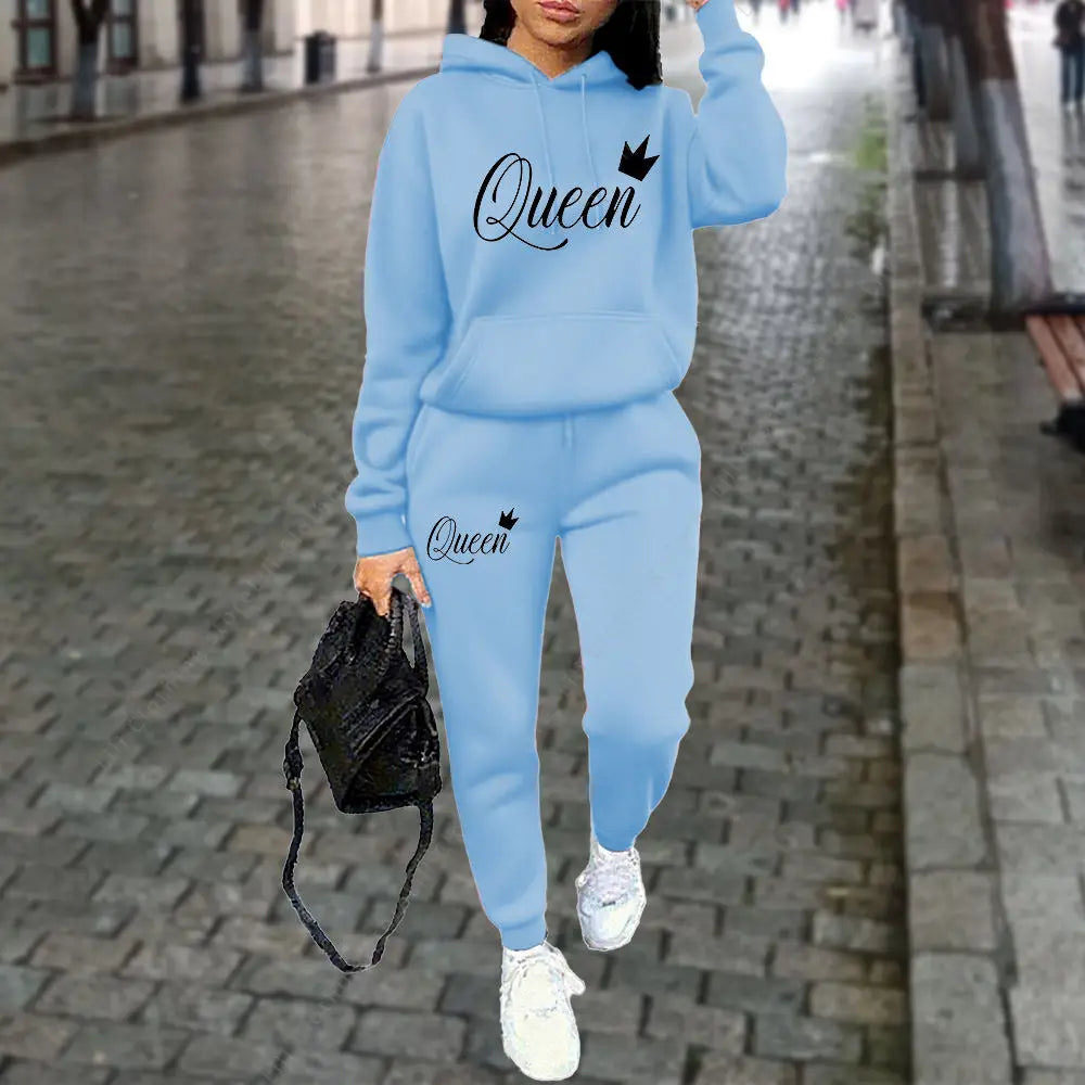 Queen Letter Graphic Print Women's Sets Hoodies Pants 2pcs Suit Autumn Winter Sports Jogging High quality Aesthetic Tracksuit Good Vibrations