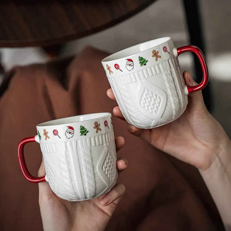 2Pcs/Set 12oz Ceramic Espresso Cups Porcelain Coffee Mugs Set for Tea Latte Cafe Mocha Couple Cozy Sweater Cups Christmas Gift L Good Vibrations