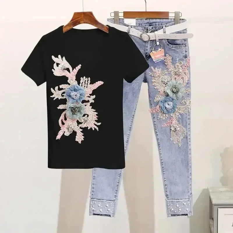 Two-Piece Suit 2025 Summer New Women Denim Pants Beading Embroidery Tshirt Tops+ High Waist Hole Jeans Female Casual Outfits Good Vibrations