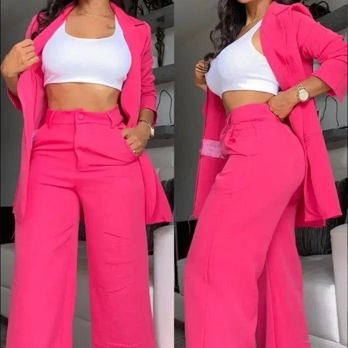 Women Pant Sets Two Piece Set Pants Turn Down Collar Single Breasted Tracksuit Outerwear Ankle Length Straight Pockets Loose Good Vibrations
