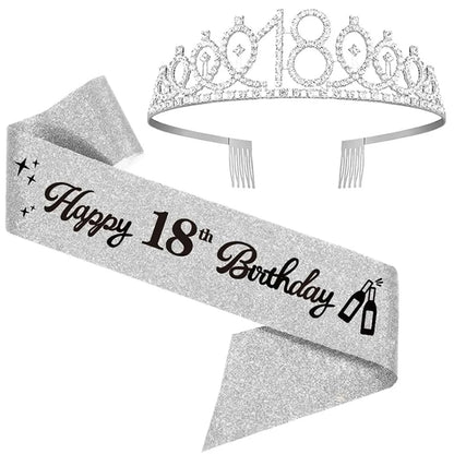 2Pcs/Set Crown and Pearl Pin Set for 18th Birthday - Happy 18th Birthday Sash, Tiara, Cake Topper, Decorations and Gift for Her Good Vibrations
