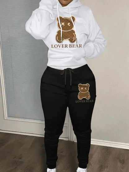 Autumn and winter women's loose and fashionable plus size cartoon bear print hooded sweater+woolen pants set Good Vibrations