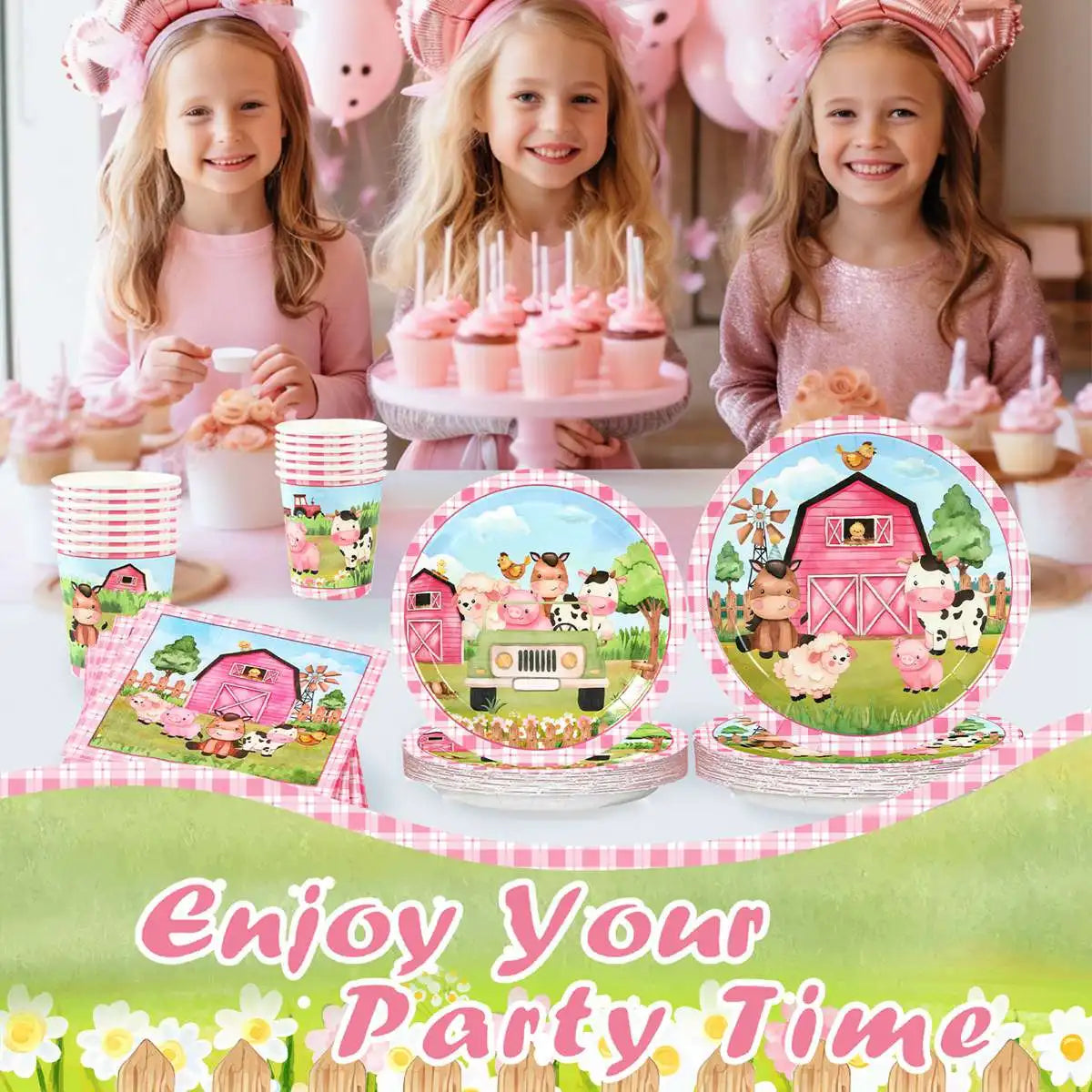 Pink Farm Party Birthday Decorations Disposable Tableware Paper Plates Cups Napkin Baby Shower Kids Girls Birthday Party Decor Good Vibrations