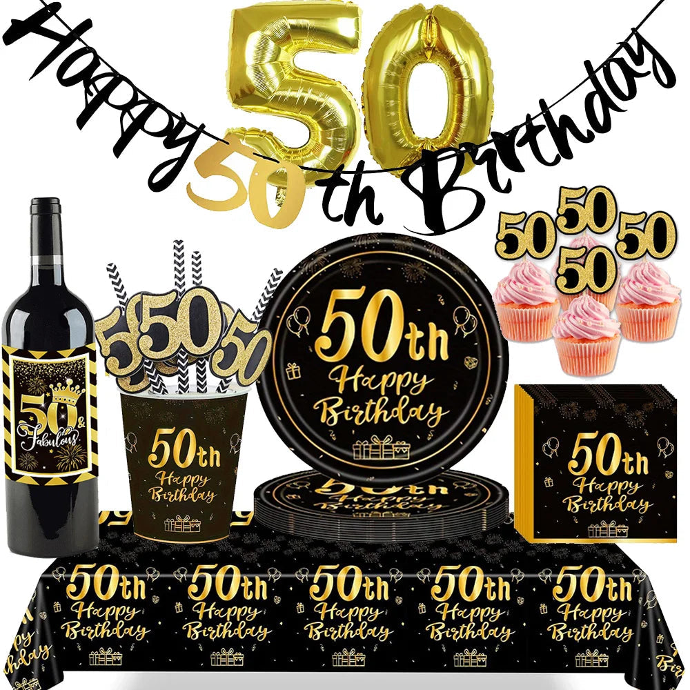 50th Birthday Party Supplies for Men Women Black and Gold 50 Years Old Party Paper Plates Cups Napkin Tablecloth Tableware Decor Good Vibrations
