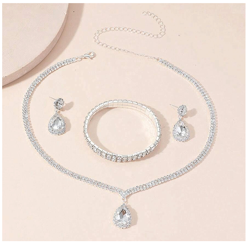 4 Pieces Luxurious Jewelry Set Exquisite Rhinestone Pendant Elegant Women's Crystal Silver Plated Necklace Earrings Bracelet Set Good Vibrations Adult Super Store