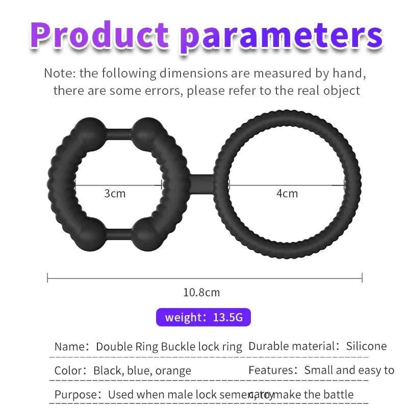 Product parameters for Semen Lock Ring Male Masturbator, showing dimensions and weight, made of silicone.