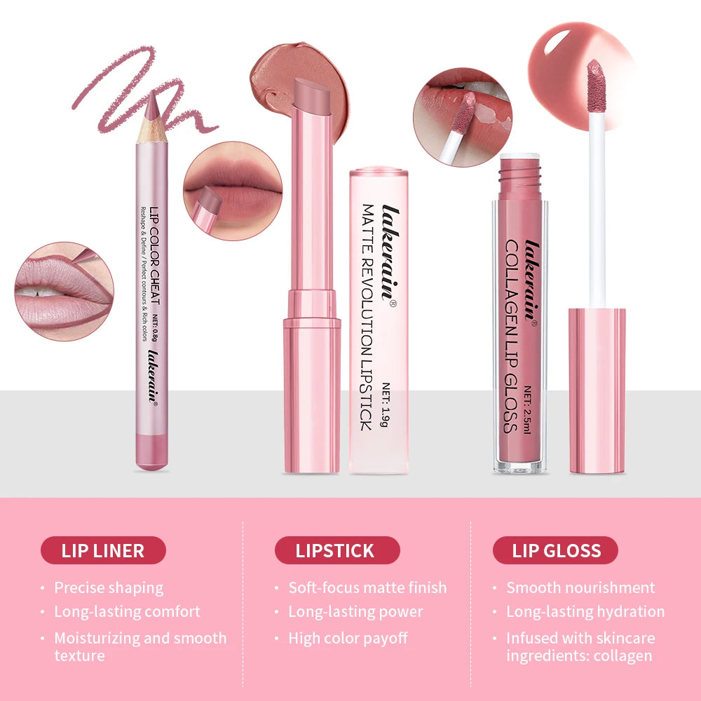 Lip Combo Matte Lipstick + Lip Liner Pen Lip Gloss Set Hydrating Matte Waterproof Long Lasting Lip lipstick set Lip Makeup Set Good Vibrations