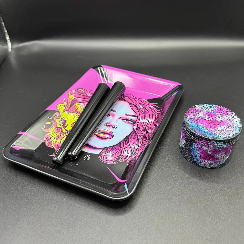 Manual 5cm Crusher Metal Grass Grinder TinPlate 18x12.5cm Rolling Tray Smell Proof Storage Tube Tobacco Herbal Set Cigar Tool Good Vibrations Adult Super Store