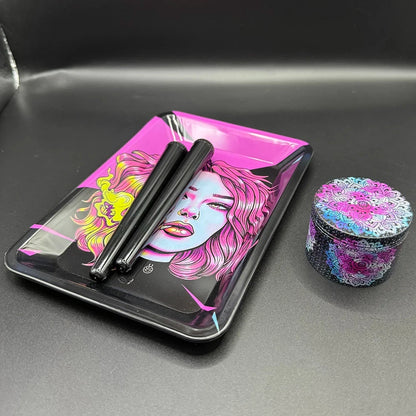 Manual 5cm Crusher Metal Grass Grinder TinPlate 18x12.5cm Rolling Tray Smell Proof Storage Tube Tobacco Herbal Set Cigar Tool Good Vibrations Adult Super Store