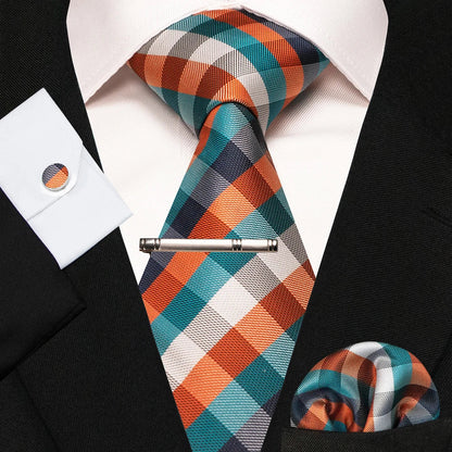 8cm Silk Mens Ties Green Black Ties plaid stripe NeckTie Pocket Square Cufflinks Tie clips Set Men's Wedding business Party Tie Good Vibrations