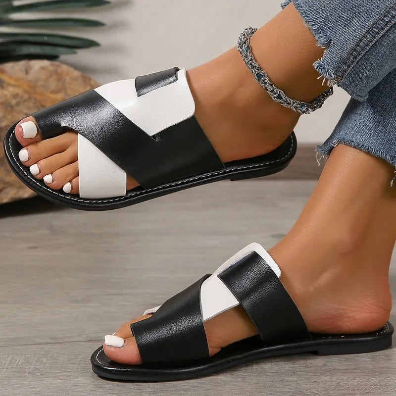 Womens 2025summer New Flat Non-slip PU Waterproof Womens Shoes Outdoor Casual Comfortable Beach Dress Womens Slippers Large Size Good Vibrations