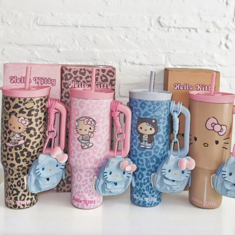 TBH Leopard Print Kitty Series Straw Thermos Cup Travel Sports Water Bottle Stainless Steel Cold Insulation Cup Girls Gift Good Vibrations