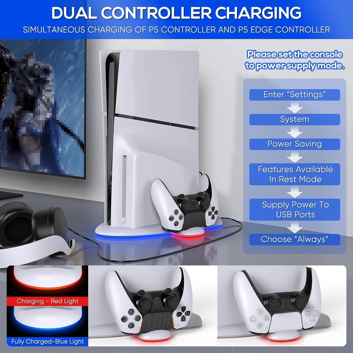 DOBE TP5-3528 Multi-Function Cooling Charging Dock for PS5 SLIM - Touch Switch, Multicolor LED, Ultrathin Design Good Vibrations