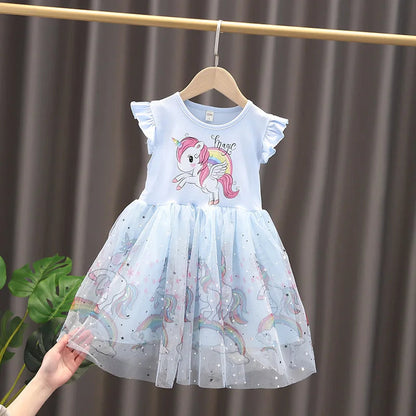Girls Dress 2025 New Summer Princess Dresses Flying Sleeve Kids Clothes Unicorn Party Baby Dresses For Children Clothing 3-8Y Good Vibrations