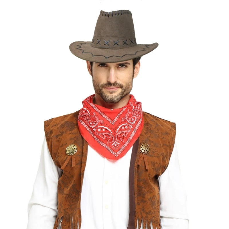Classic Cow-boy Costumes Includes Cow-boy Hat Vests Scarf Comfortable Wear for Men Women Halloween Party Cos-play Good Vibrations