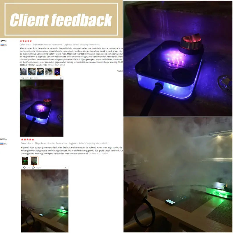 Acrylic smoking hookah with LED light displaying vibrant colors in use.