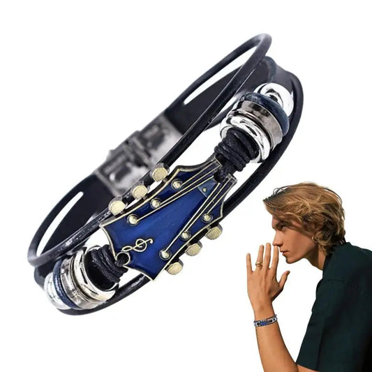 Punk Style Braided Guitar Bracelet Zinc Alloy Adjustable Buckle Manual Woven Faux Leather 3-Layered Punk Retro Wrist Jewelry Good Vibrations