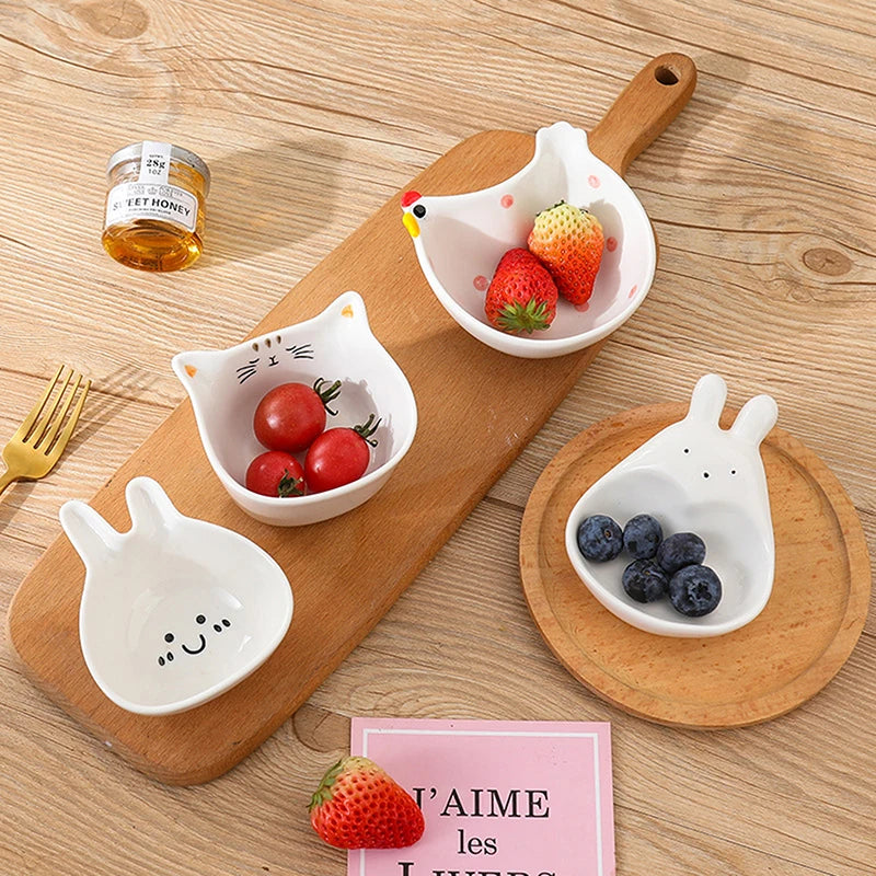 Ceramic Dipping Plate With Handle Sauce Plate Cartoon Rabbit Cat Seasoning Plate Sushi Dipping Bowl Snack Plate Kitchen Supplies Good Vibrations