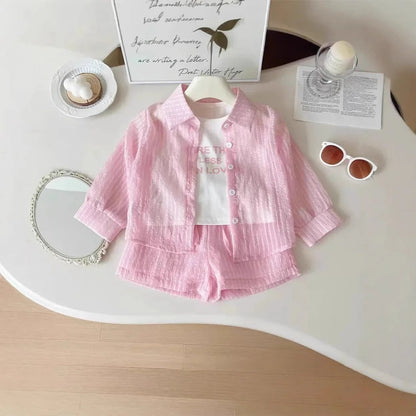3Pcs Girls Clothing Sets Summer Cool Blouse Shirt+shorts+T-shirt Children Clothes Suits New Kids Outfits Set 2-7Yrs Good Vibrations