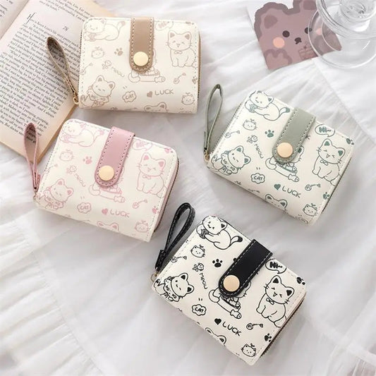 Cute Cat PU Leather Coin Purse Women Fashion Short Wallet Folding Zipper Wallet ID Card Holder Travel Lightweight Cash Coin Bags Good Vibrations