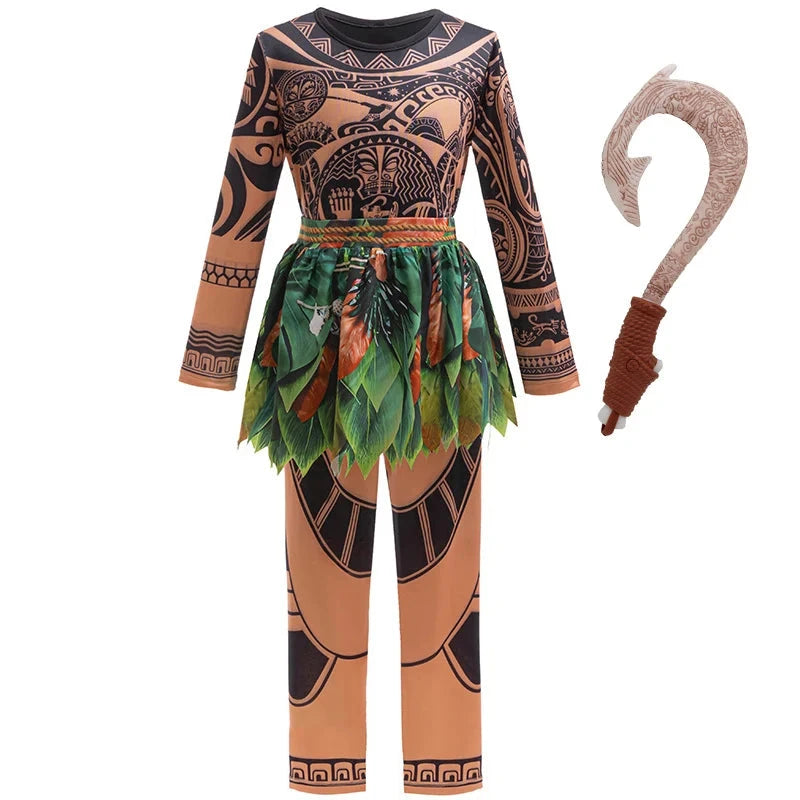 Disney Moana 2 Maui Cosplay Jumpsuits Tattoo Costume Boys Girls Maui Print Leaf Suits Movie Character Halloween Costume 2-10Yrs Good Vibrations