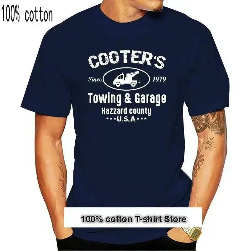 100% cotton Dukes of Hazzard Cooter's Garage T-shirt, casual style with print.
