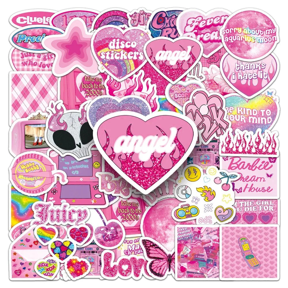10/50Pcs Y2K Style Pink Graffiti Sticker Millennium Sticker Decoration for Phone Case Luggage Case Sticker Waterproof for Girls Good Vibrations