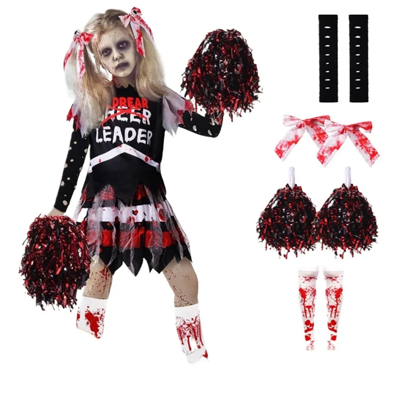 Kids Halloween Horror Costumes Zombie Cheerleading Outfits Halloween Theme Party Uniform Bloodstained Cosplay Fancy Dress Good Vibrations