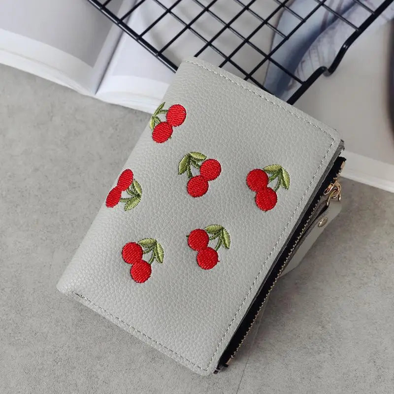 Women Vertical Buckle Cherry Embroidered Small Short Wallet Simple Wallet Girls Zipper Purse Good Vibrations