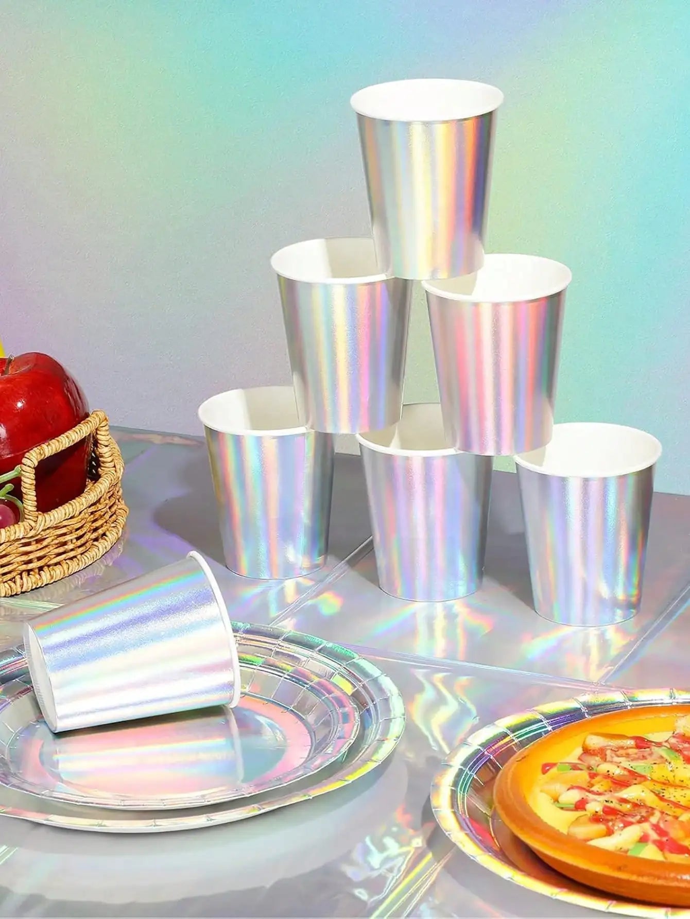 Rainbow Party Supplies Decorations, Holographic Paper Plates and Napkins Set for Birthday Wedding Holiday Party, Christmas Good Vibrations