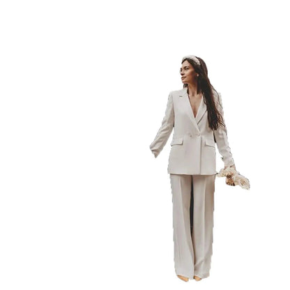 Elegant White Women's Suits Double Breasted Two Piece Jacket Pants Female Clothing Wedding Party Office Lady Blazers Sets Good Vibrations