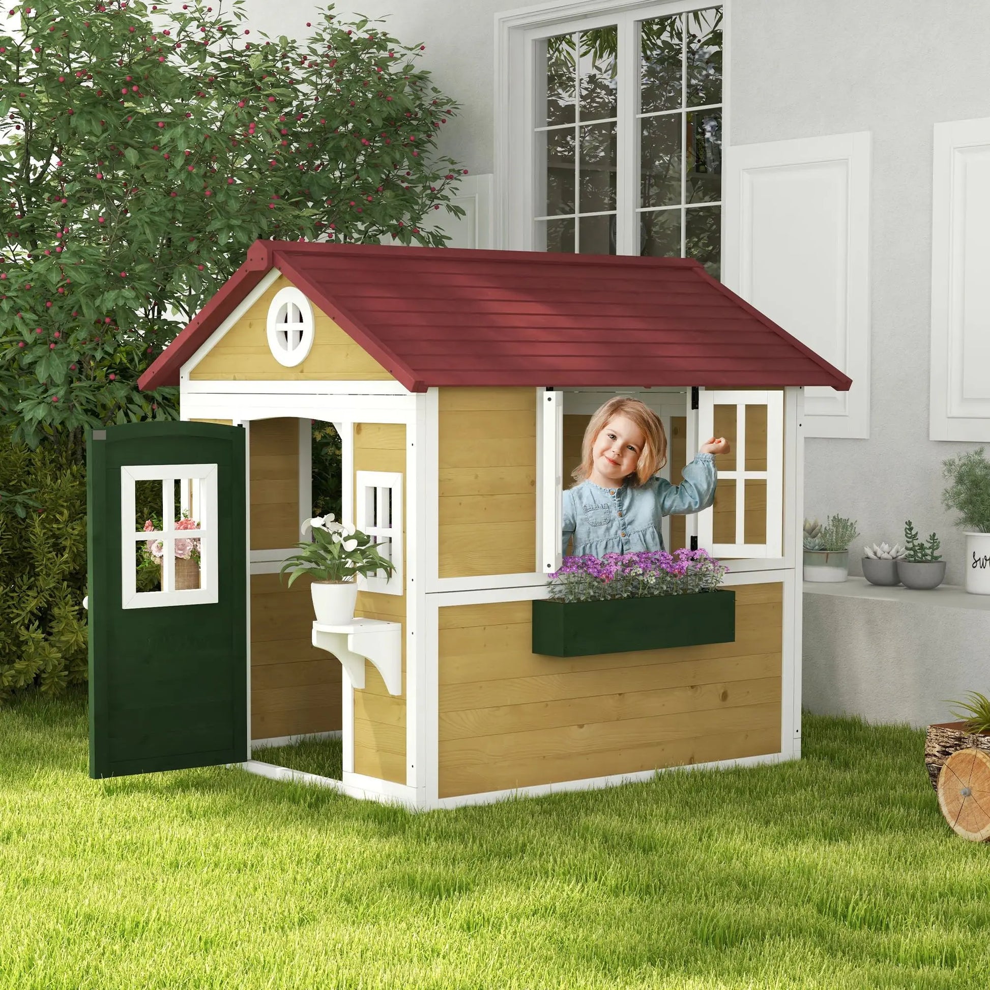 Beige Wooden Playhouse with Outdoor Doors and Windows Planter Pots for Kids 3-8 Years Good Vibrations