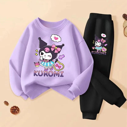 SANRIO Spring Autumn Children Clothing Sets Cartoon Kuromi Print Girls Sweatshirt  2pcs Suit Breathable Thin Kids Tracksuit Good Vibrations