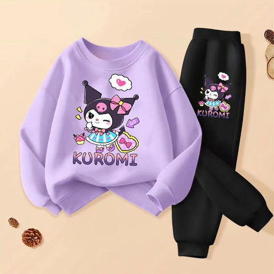 SANRIO Spring Autumn Children Clothing Sets Cartoon Kuromi Print Girls Sweatshirt  2pcs Suit Breathable Thin Kids Tracksuit Good Vibrations