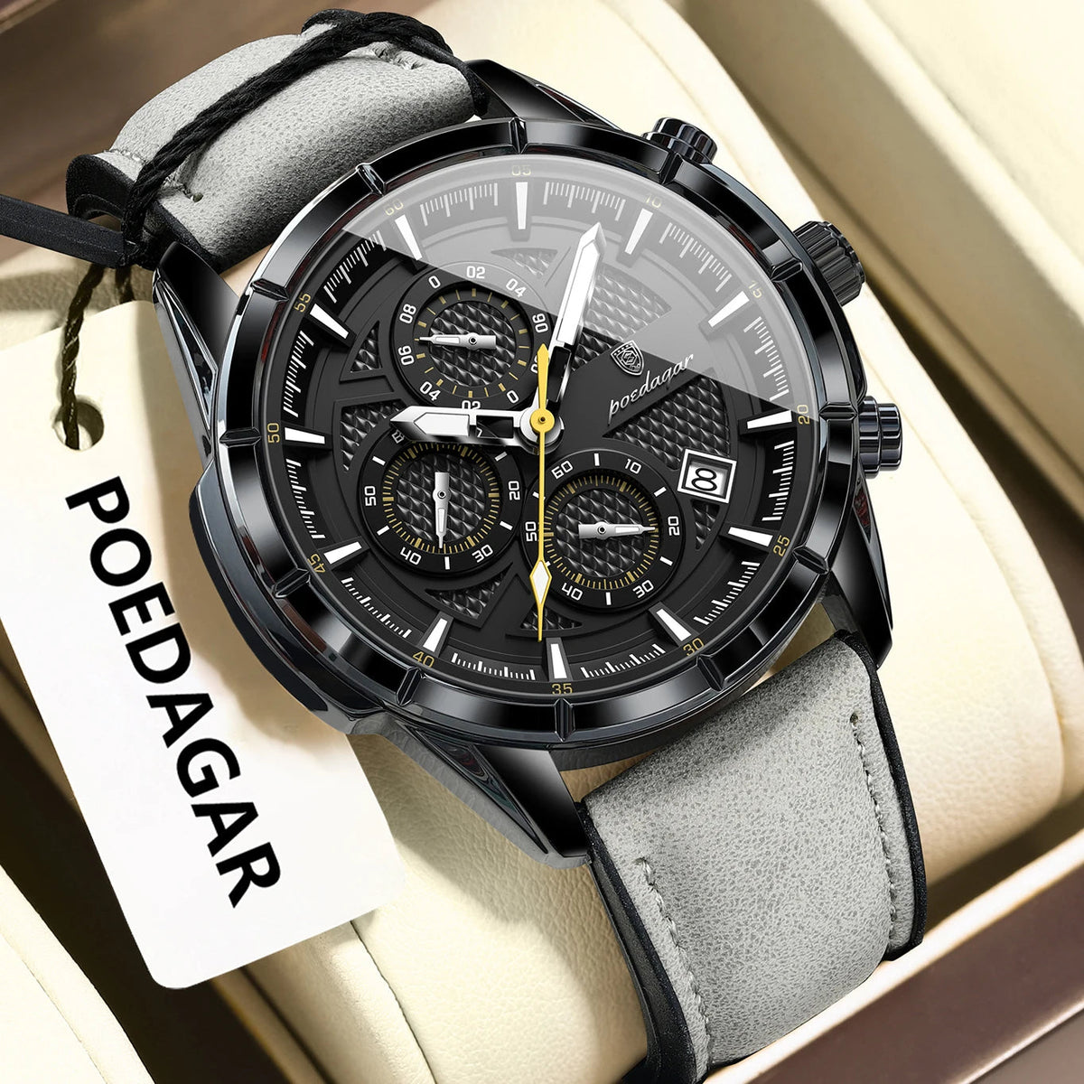 POEDAGAR Luxury Top Men Wristwatch Quartz Original Leather Men's Watches Date Chronograph Waterproof Luminous Man Watch Male+Box Good Vibrations