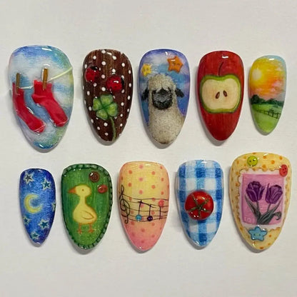 24pcs Cute Cartoon Fake Nail Tips Oil Painting Series Printed Almond Press On Nail Sweet Cool Charming False Nail For Spicy Girl Good Vibrations