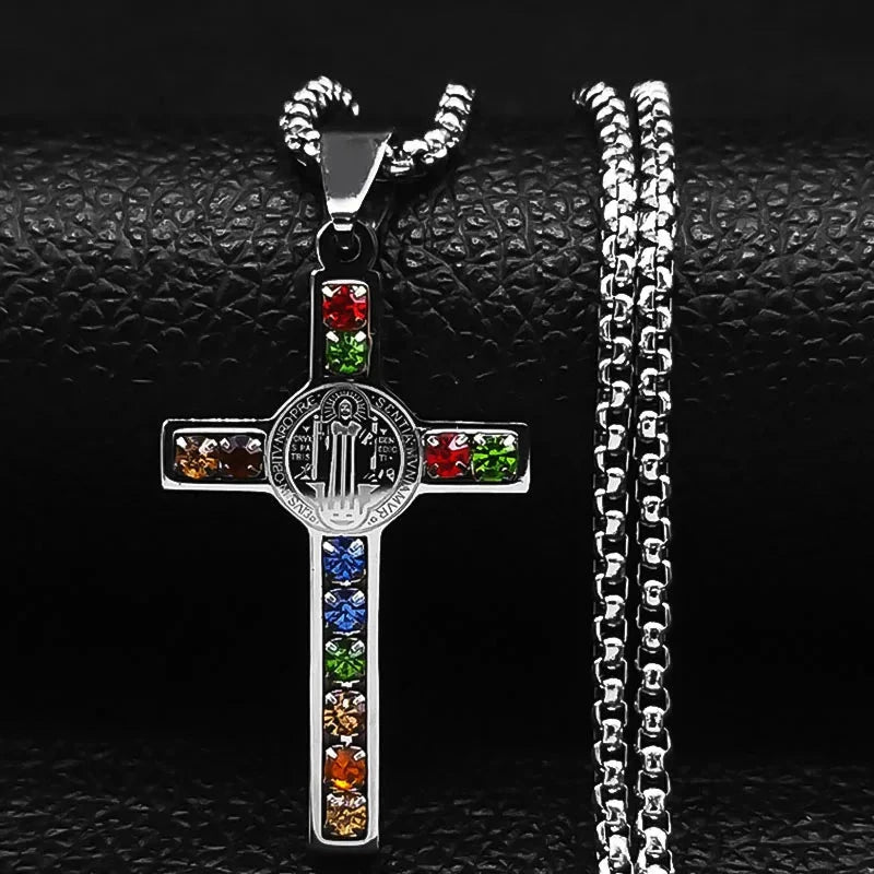 Catholic Jesus Cross Stainless Steel Necklace Saint Benedict Crystal Virgin Mary Pendant Crucifix Male Necklaces Jewelry cruz Good Vibrations