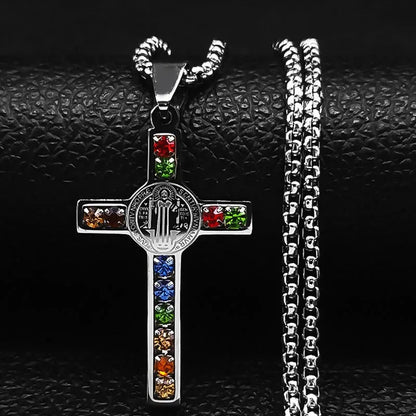 Catholic Jesus Cross Stainless Steel Necklace Saint Benedict Crystal Virgin Mary Pendant Crucifix Male Necklaces Jewelry cruz Good Vibrations