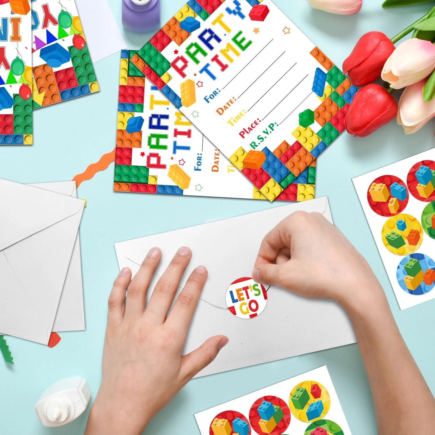 Building Blocks Birthday Invitations, Brick Party Invitation Card Building Birthday Invites with Stickers & Envelopes(24 Guests) Good Vibrations