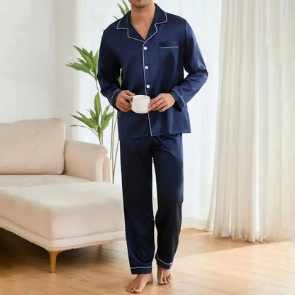 Men's Satin Pajama Set Linter Lapel Collar Long Sleeve Tops & Pants Sleepwear Button Down Loungewear Autumn Pyjama For Man Good Vibrations
