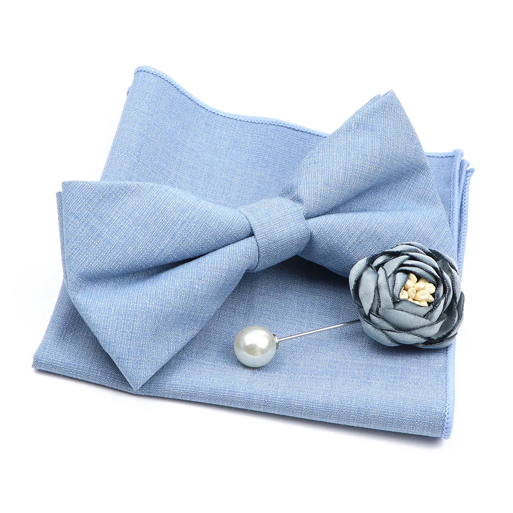 Mens Wedding Bowtie Brooch Set Romantic Solid Color Bamboo Fiber Bowknot Flower Lapel Pin Blue Pink Cravat Suit Shirt Accessory Good Vibrations