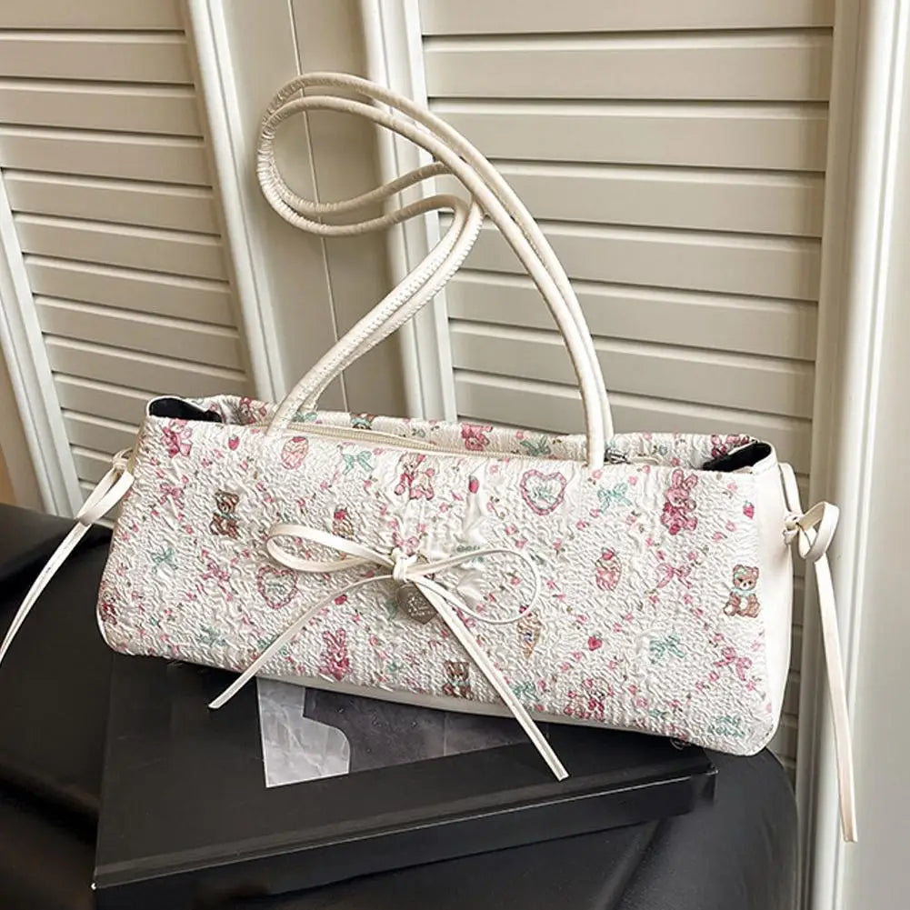Cartoon Print Shoulder Bag Sweet Women Bow Underarm Bag Commuter Versatile Handbag Pleated Tote Bag Casual Practical Bag Good Vibrations