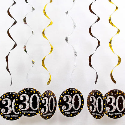 6pcs PVC 18 21 30 40 50 Years Old Spiral Happy Birthday Swirl Hanging Ornaments Party Background Layout Decor Supplies Good Vibrations