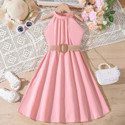 Prowow Girls Party Dresses Sleeveless Belted Halter Neck Hem Dress Holiday Beach Children's Clothing Teenagers Dress For Girls Good Vibrations