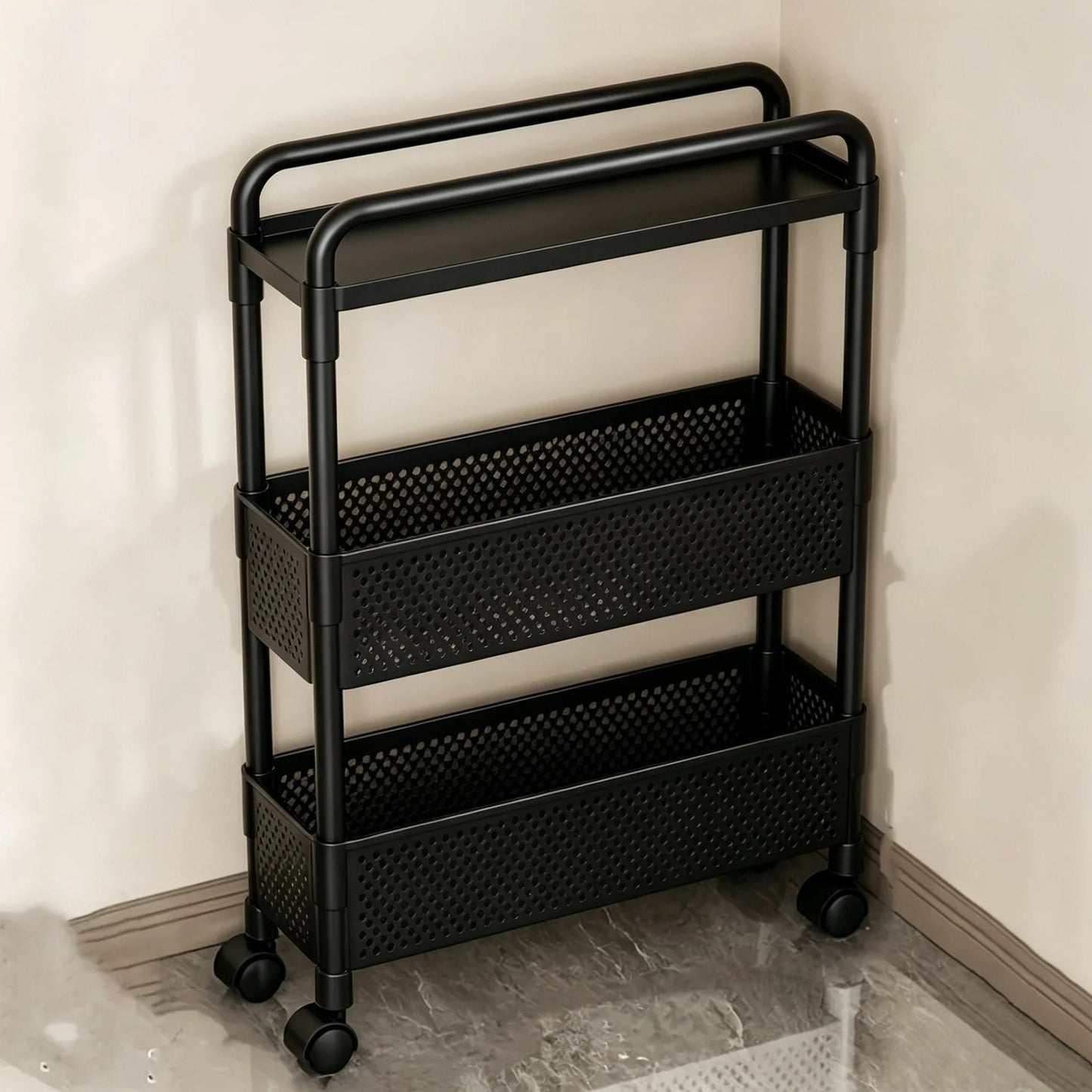 Black mobile storage unit, multi-tier practical shelving, narrow rolling storage rack. Good Vibrations
