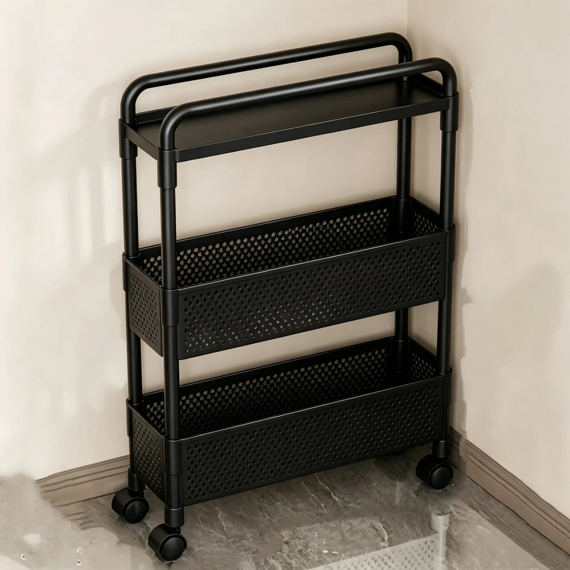 Black mobile storage unit, multi-tier practical shelving, narrow rolling storage rack. Good Vibrations