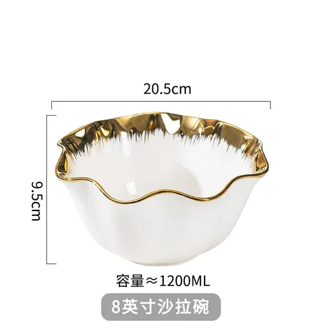 Nordic Luxury Ceramic Bowl Plate Set Tableware Creative Salad Vegetable Fruit Plate Dessert Noodle Bowl Crockery 8 inch Good Vibrations