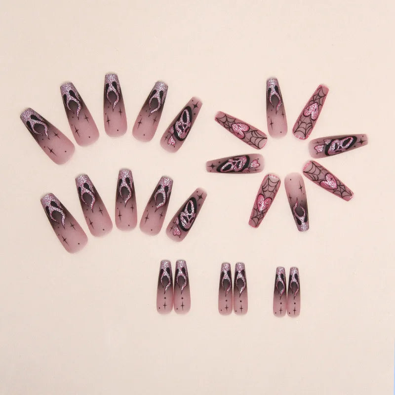 24pcs Glitter Pink Sequins Fake Nails 2025 Halloween Scary Skull Love Print False Nails Wearable European Ballet Press on Nails Good Vibrations