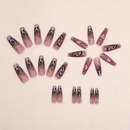 24pcs Glitter Pink Sequins Fake Nails 2025 Halloween Scary Skull Love Print False Nails Wearable European Ballet Press on Nails Good Vibrations